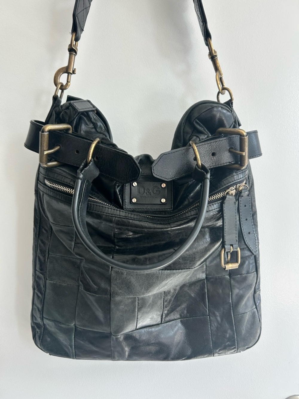 Dolce & Gabbana Black Patchwork Leather Tote Bag with Brass & Silver Hardware
